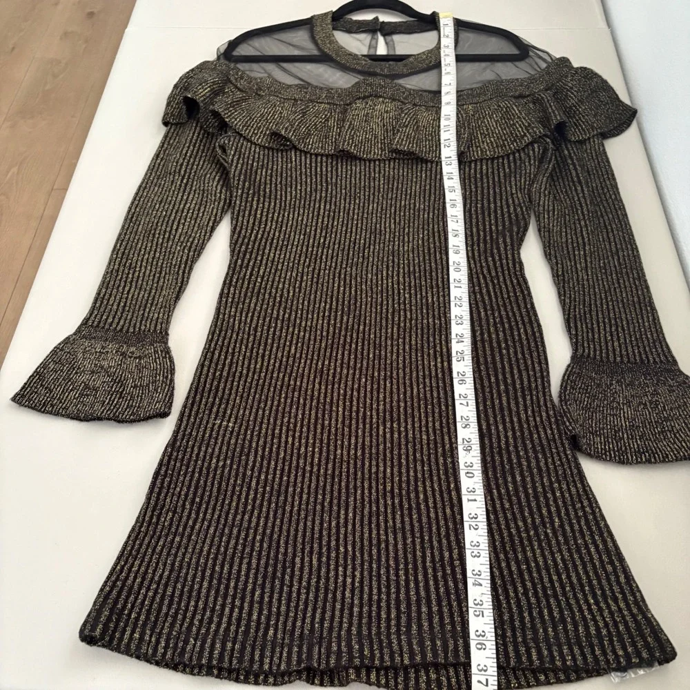 Venus Metallic Gold Ribbed Knit Ruffle Mesh Dress XL Bell Sleeve Mock Neck Party